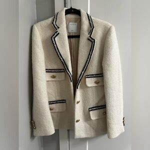 Sandro Cream Tweed Blazer with Black Braid Trim